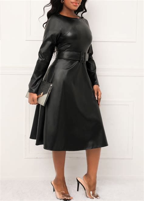 Black Faux Leather Belted Long Sleeve Dress Usd 3698