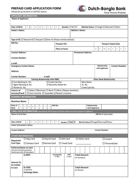 Dbbl Prepaid Card Application Form Pdf Debit Card Visa Inc