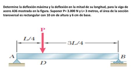 Determine la deflexión máxima y la deflexión en la mitad de su longitud