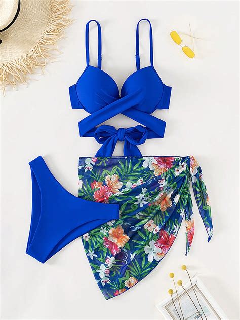 Shein Swim Vcay Tropical Print Push Up Bikini Swimsuit With Beach Skirt