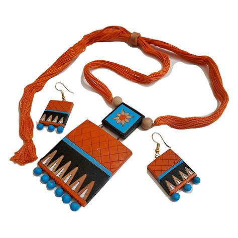 Buy Avighna Tribal Style Terracotta Jewellery Set Black And Orange At