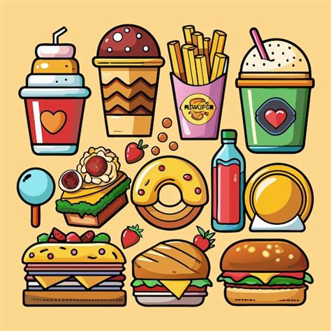 Colorful Cartoon Fast Food Icons Including A Burger Donut Fries And Ice