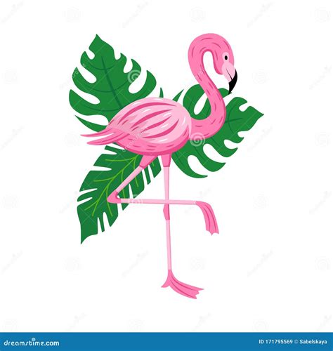 Flamingo De Dibujos Animados Con Hojas Tropicales Sobre Una Pierna