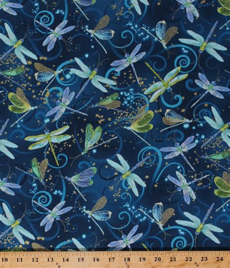 Cotton Dance Of The Dragonfly Dragonflies Insects Magical Blue Swirls Gold Metallic Cotton