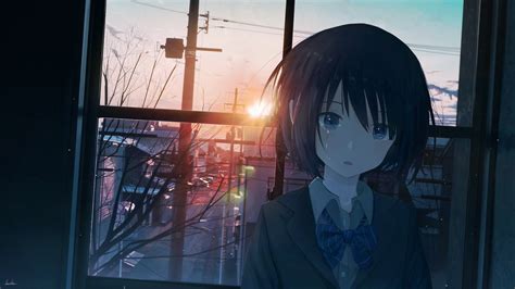 Glare Short Hair Tears Crying Schoolgirl Pixiv Dead Trees Sky