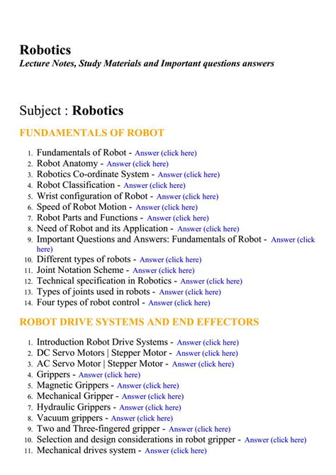 Robotics Lecture Notes Study Materials And Important Questions