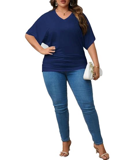 Womens Casual Plain V Neck Navy Blue Elbow Length Plus Size T Shirts 4xl