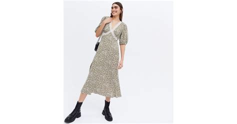 Green Ditsy Floral Lace Trim Midi Dress New Look