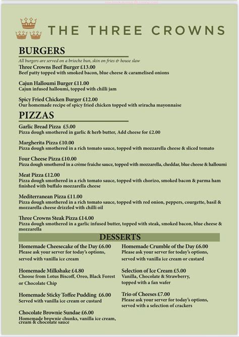 Menu At The Three Crowns Inn Pub And Bar Oldham