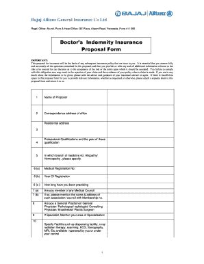 Fillable Online Bdoctor Sb Indemnity Insurance Proposal Bformb Bajaj