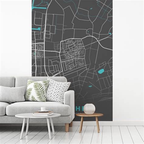 Behang Fotobehang Berghem Blauw Kaart Plattegrond Stadskaart