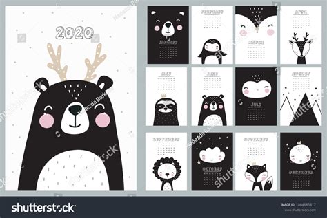 2020 Calendar Cute Hand Drawn Animals Stock Vector (Royalty Free ...