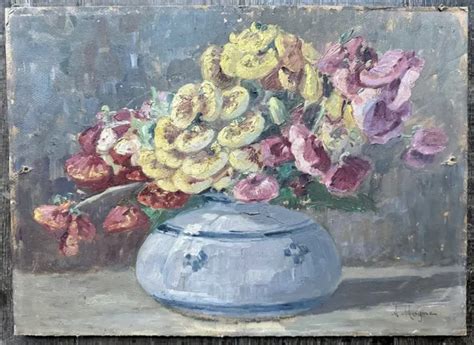 TABLEAU ANCIEN NATURE Morte Au Bouquet De Fleurs Vase Table Peinture