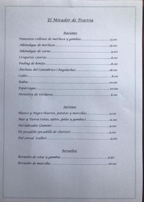 Menu At El Mirador De Trasv A Steakhouse Comillas