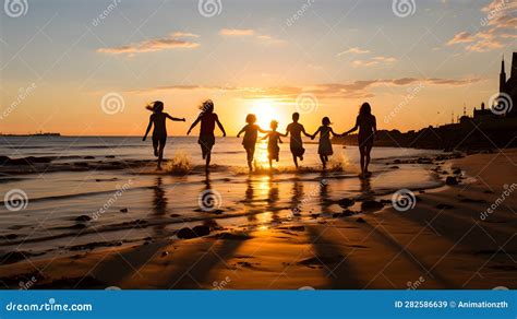 Komisch Achteraanzicht Van Familieschaduwen Op Het Strand Als Een