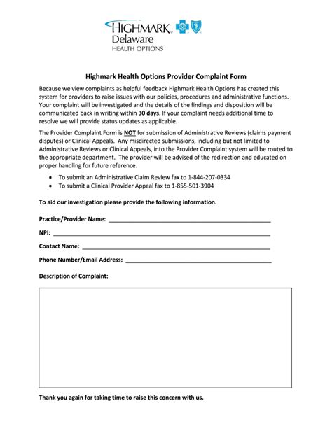 Fillable Online Highmark Health Options Provider Complaint Form Fax