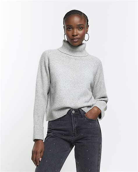 Grey Metallic Rib Roll Neck Jumper River Island