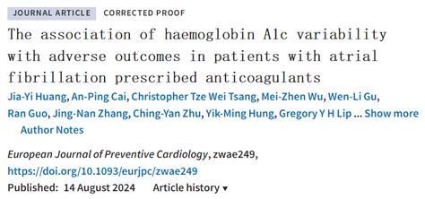 Eur J Prev Cardiol：服用抗凝药物的房颤患者血红蛋白变异性与不良结局之间的关系 Medscicn