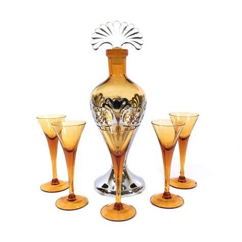 Art Deco Amber Glass Decanter With 5 Cordial Flute Goblets And Etsy Vintage Decanter Set