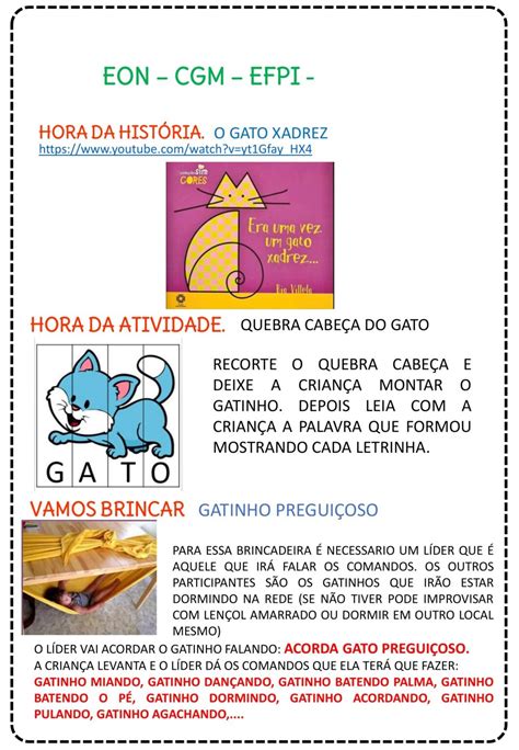 Ed infantil Sequência didática O gato xadrez Cuca Super legal