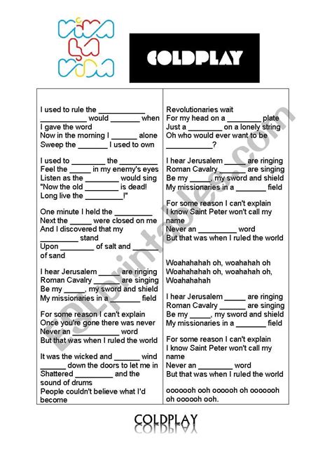 Viva La Vida Coldplay Esl Worksheet By Bazza