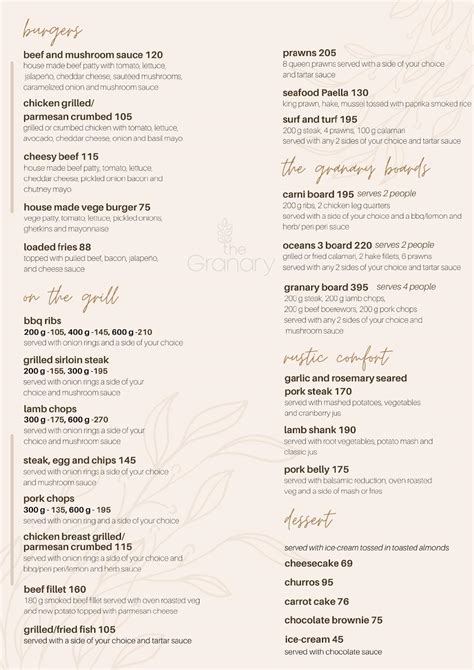 Menu at The Granary restaurant, South Africa