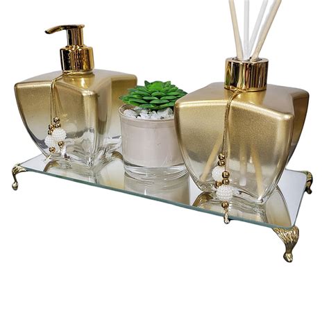 Kit Banheiro Lavabo Estrela Dourado Bandeja Espelhada Vaso