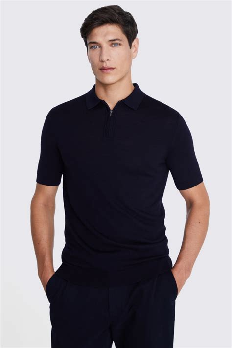 Navy Merino Quarter Zip Polo Shirt Buy Online At Moss