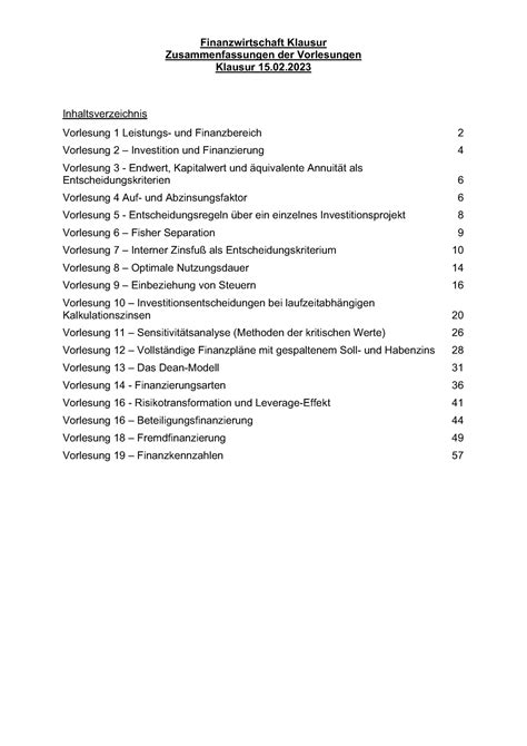 Finanzwirtschaft Klausur Zusammenfassung Finanzwirtschaft Klausur