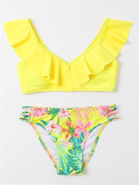 Tween Girl Tropical Print Ruffle Trim Bikini Swimsuit SHEIN USA