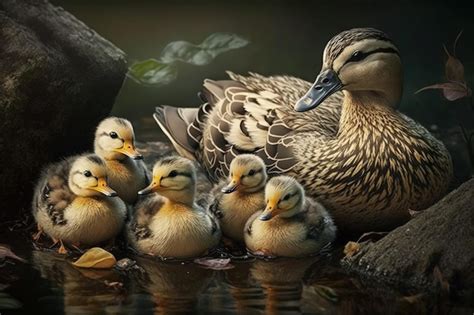 Premium Ai Image Mama Duck And Her Brood Of Ducklings