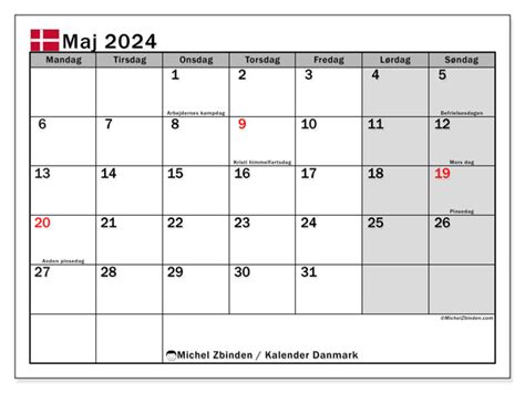 Kalender Maj 2024 Danmark Michel Zbinden DA