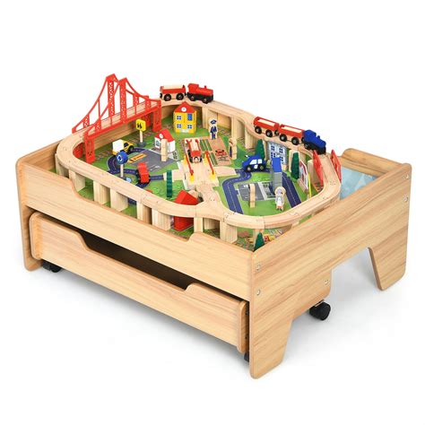 Gymax Wooden Kids Train Track Railway Set Table w/100 Pieces Storage ...