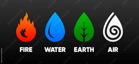 Earth, air, fire and water. Four icons of elements of nature. Symbol design of wind, air, fire ...