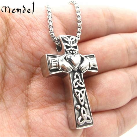 MENDEL Stainless Steel Irish Celtic Trinity Knot Claddagh Cross Pendant