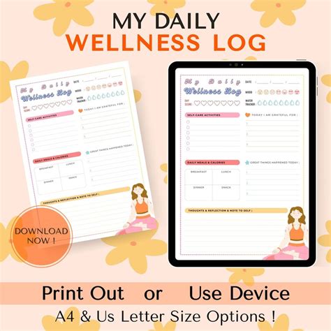 Daily Wellness Log Printable Wellness Planner Wellbeing Self Care