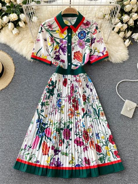 Fashion Runway Summer Striped Flower Dress Womens Turn Down Collar Short Sleeve Floral Print