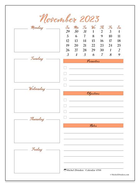 Calendar November 2023 Weekly Calendar SS Michel Zbinden CA