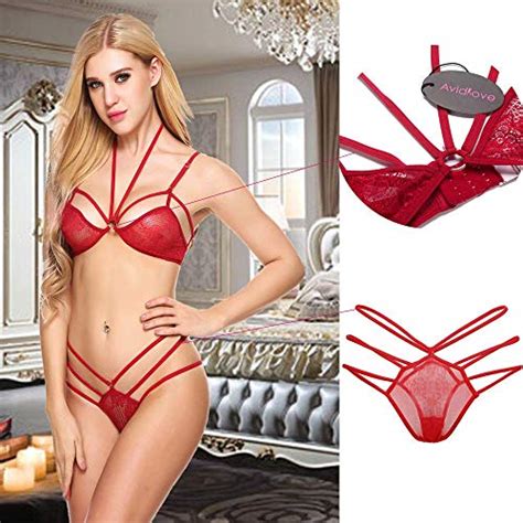 Avidlove Women S Sexy Strappy Lingerie Set Halter Lace Babydoll Red