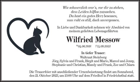 Traueranzeigen von Wilfried Messow Märkische Onlinezeitung Trauerportal