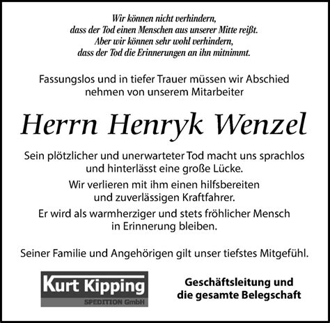 Traueranzeigen Von Henryk Wenzel Trauer Anzeigen De