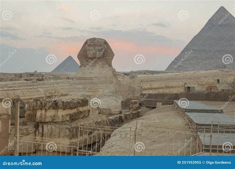 Landschap Met Egyptische Pyramiden Grote Sphinx En Silhouettes Oude