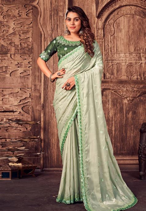 Pista Green Satin Silk Saree With Blouse