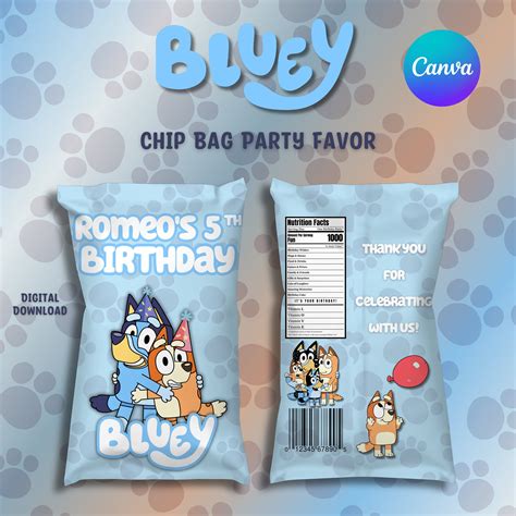 Bluey Editable Chip Bag Party Favor Bluey Customizable Chip Etsy