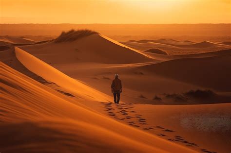 Premium Ai Image A Person Walking In The Desert With The Sun Setting