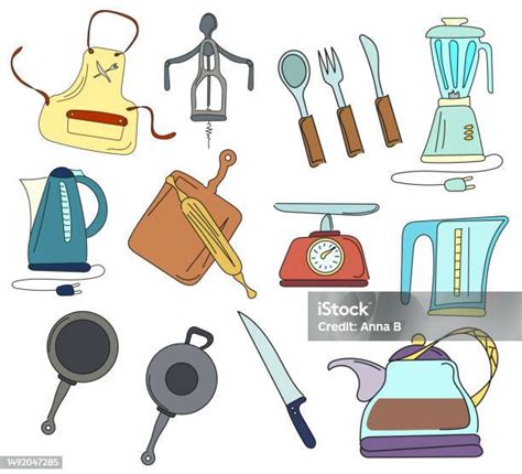 Peralatan Dapur Alat Untuk Memasak Set Ilustrasi Vektor Berwarna