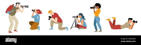 People Photographers With Camera Take Shoot In Different Poses Vector