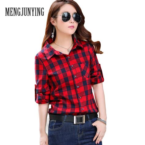 Mjy 2017 Autumn Blouses Women Slim Plaid Shirt Red Long Sleeve Shirt Fit Turn Down Collar Women