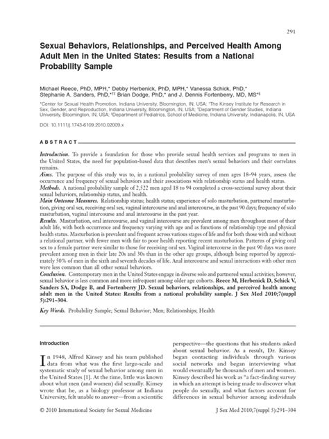 Sexual Behaviors Relationships And Perceived Health Among Adult Men In The United States