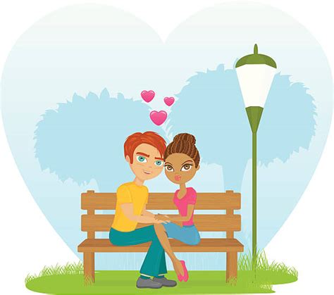 Silhouette Of Romantic Couple Sitting Park Bench Together Illustrations